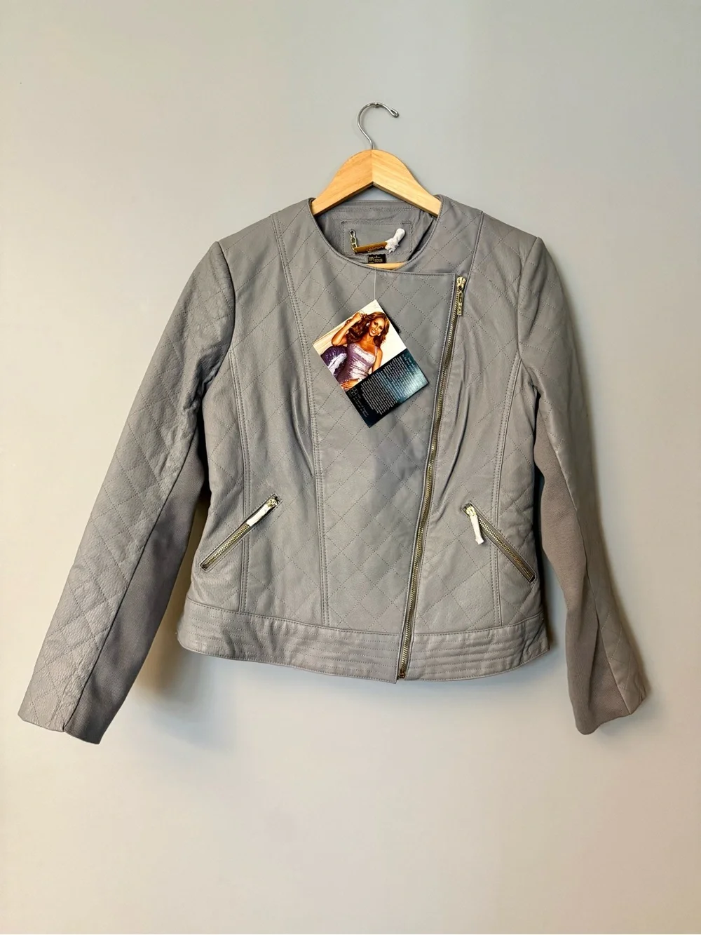 IMAN Gray Quilted Asymmetrical Leather Jacket